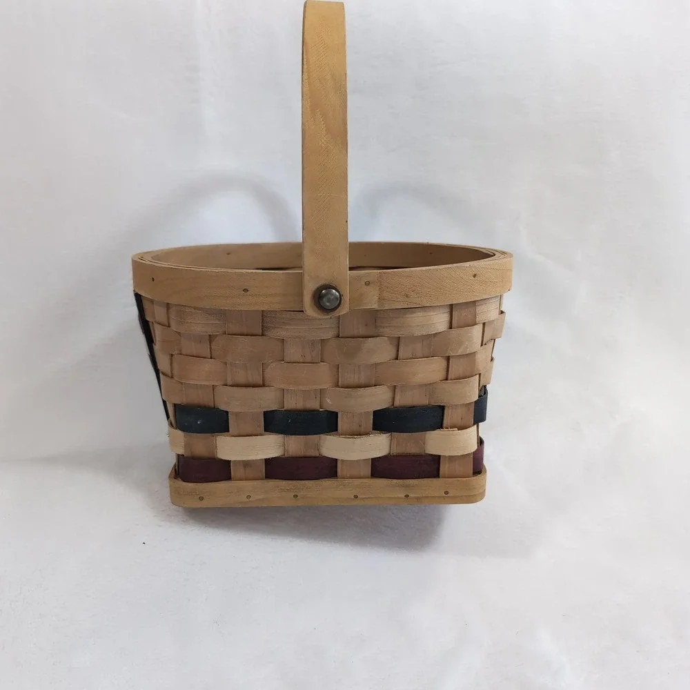 Vintage Americana Woven Wood Basket w/ Plush‎ American Flag Fabric Patriotic 4oJ